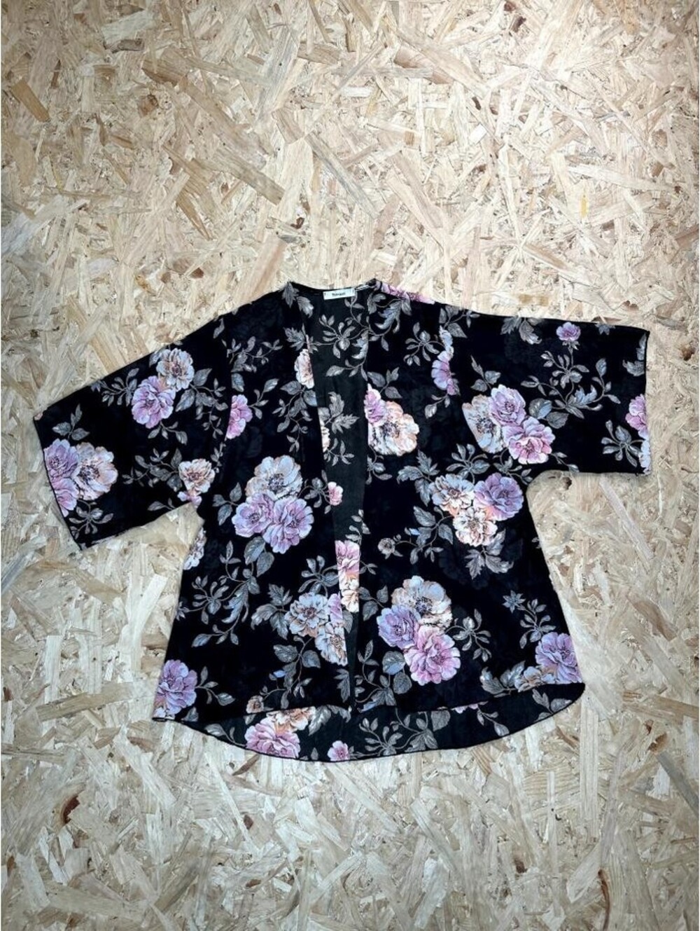 Teenbell Floral Kimono Cardigan Womens Size 1 Black Sheer Chiffon Open Front